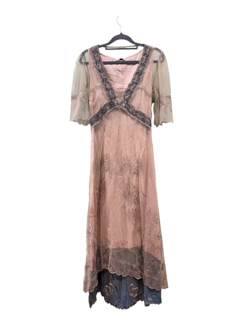 Nataya Vintage-Inspired Embroidered Mesh Dress Beige Pink With Lace Overlay - Picture 3 of 8
